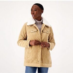 Tan Teddy Jacket with White Collar and Oversized Fit